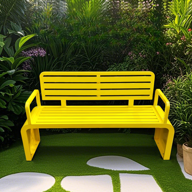 Simplistic Carnation/Cerulean/Butter Colour Outdoor Bench with Metal Straight Arm