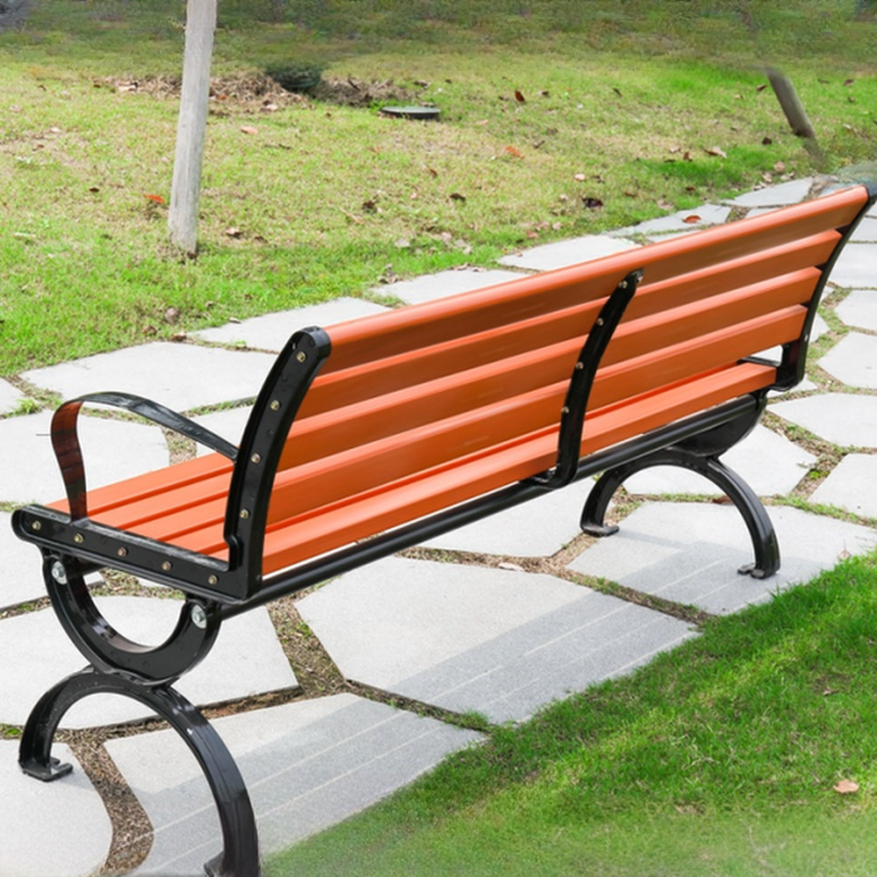 Modern Park Bench Rainproof Cocoa/Orange with Back, Metal Frame, and Curved Arm
