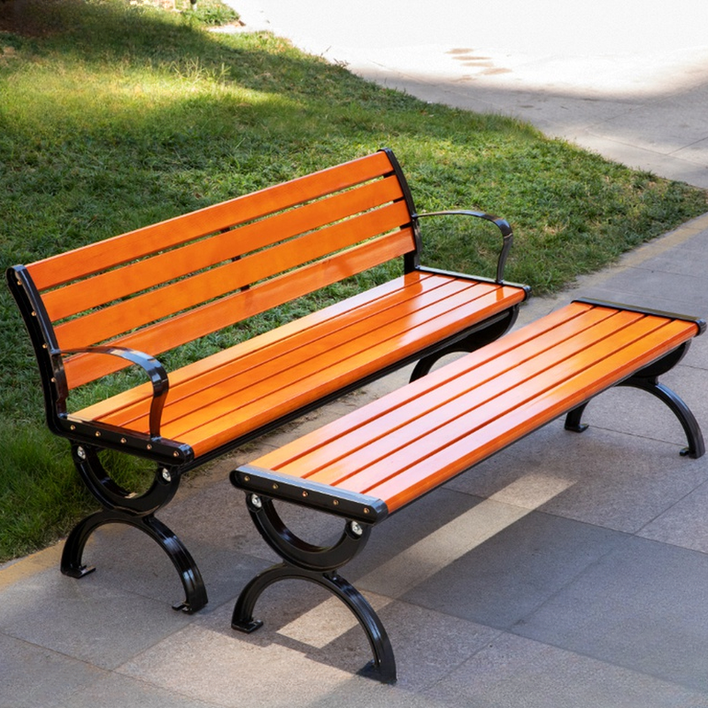 Modern Park Bench Rainproof Orange with Back, Metal Frame, and Curved Arm