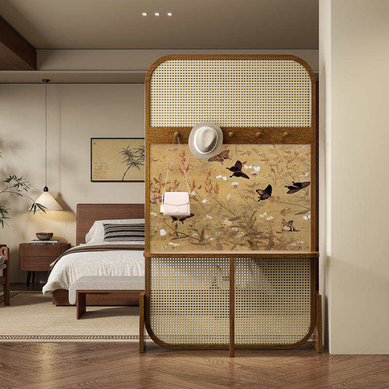 Tan Translucent Single Panel Wall Partition with Shelf, Double Sided Print Rattan Screen