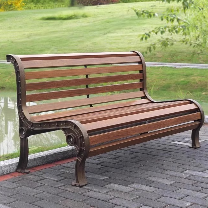 Simplistic Alloy/Timber Patio Bench with Back, Antique Brass Frame and Curved Seat