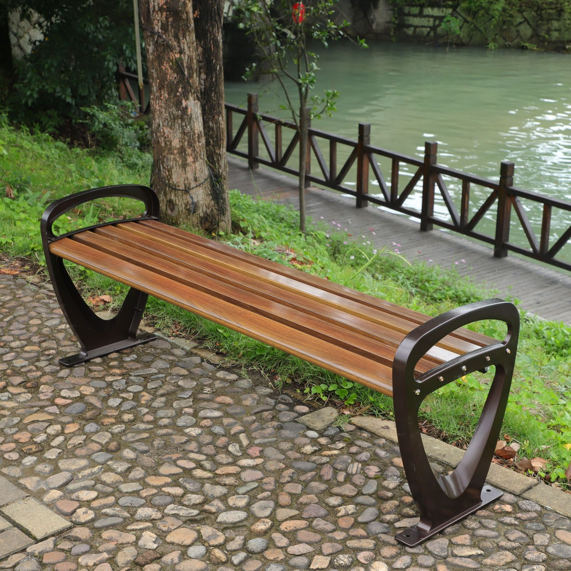Modern Park Bench Rainproof Cocoa Metal with Curved Arm