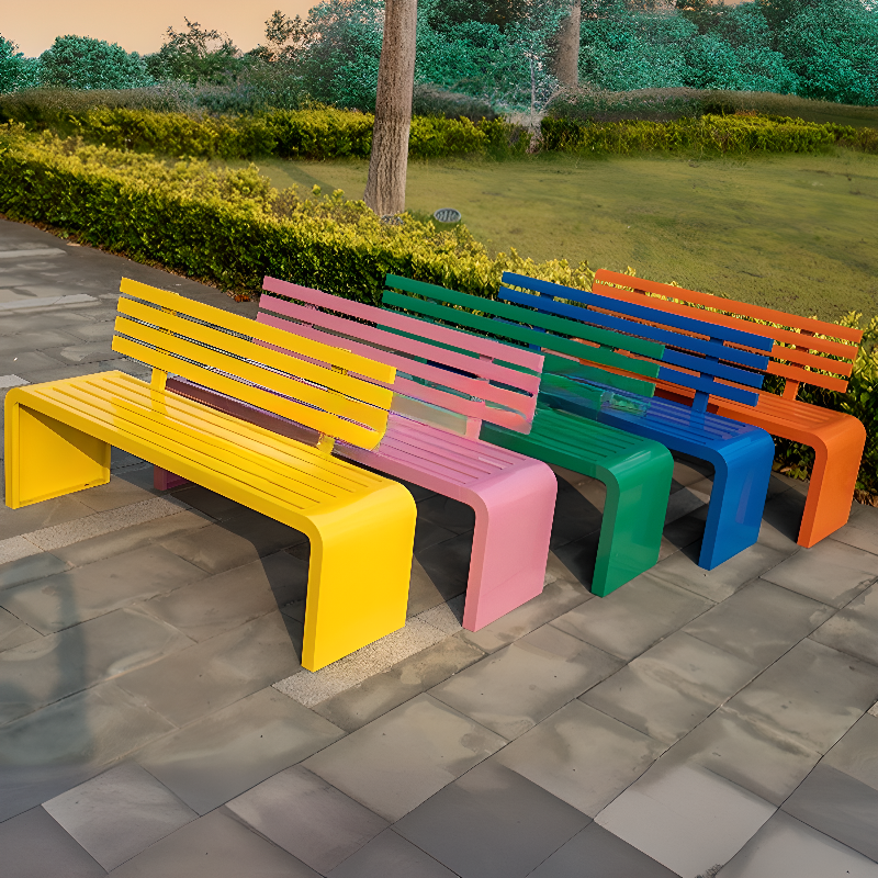 Art Deco Rainproof Alloy Picnic Bench in Vermilion/Navy Blue/Orange