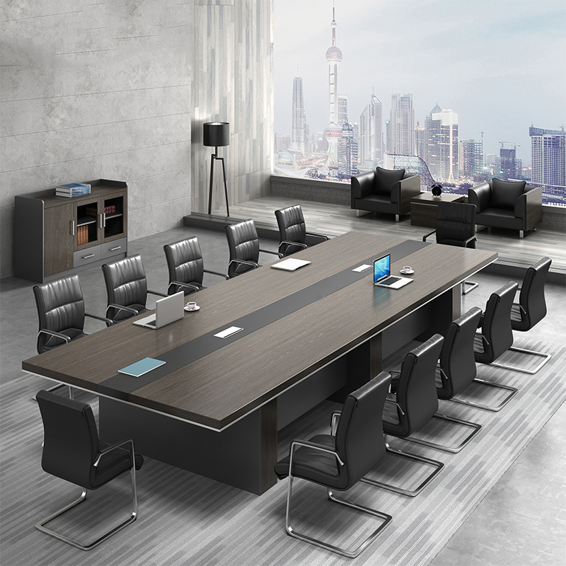 Dove Grey Minimalist Office Conference Table with Rectangle Top and Cable Management for 12+ Seats in Manufactured Wood