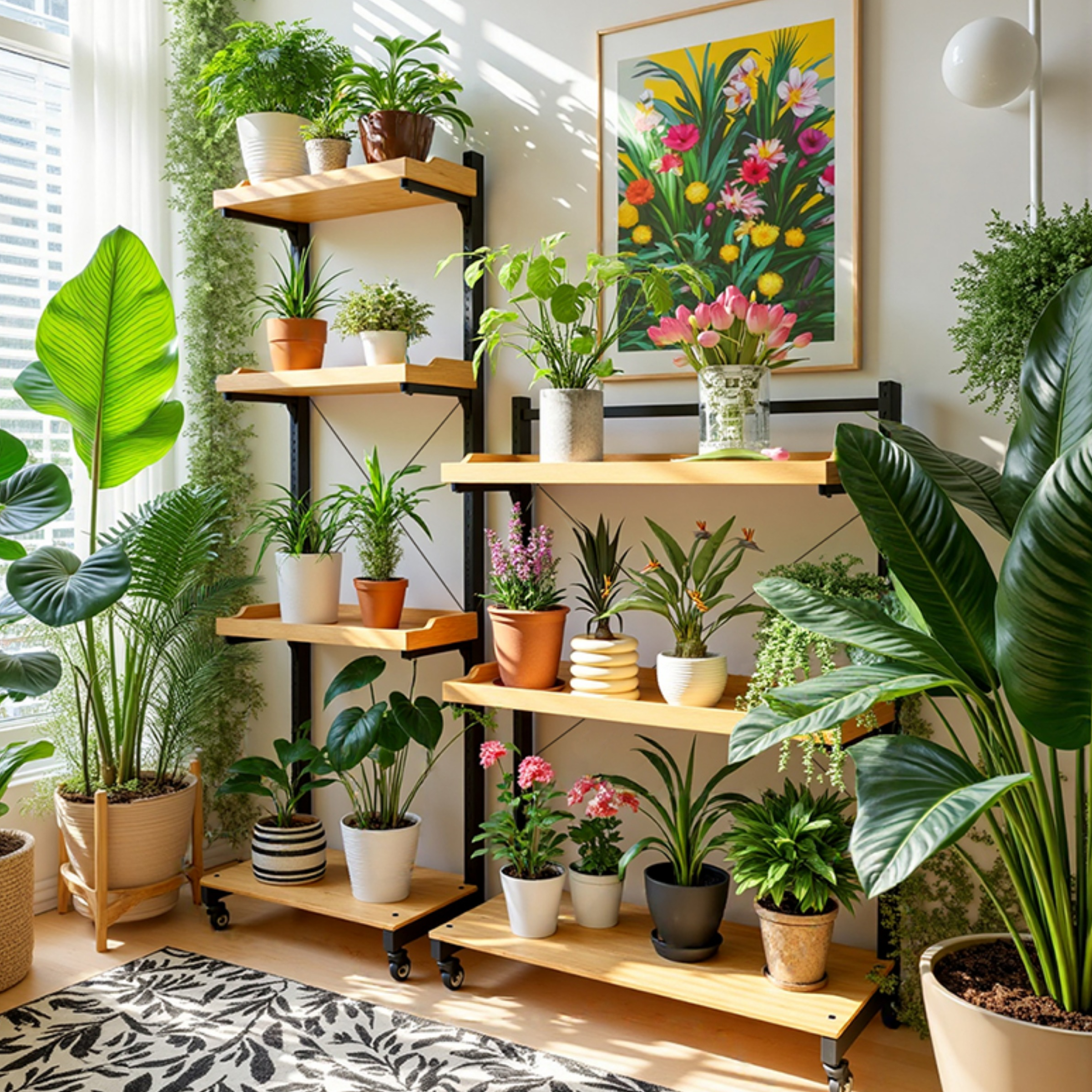 Natural Finish Rectangle Multi-Level Composite Wood Plant Holder with Caster Wheels for Floor