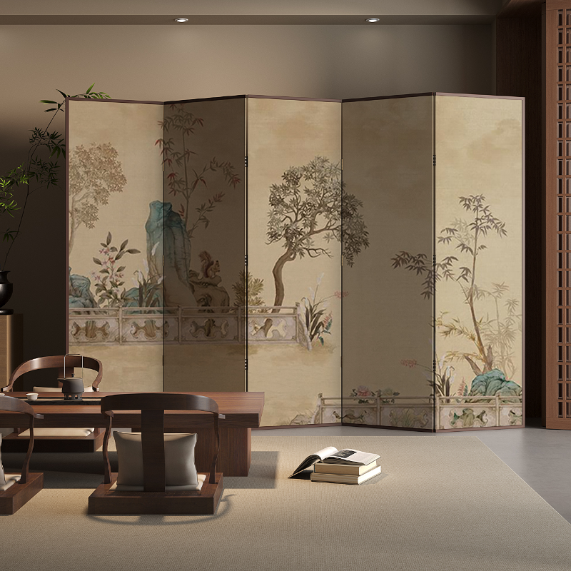 Beige Contemporary Opaque Collapsible Lumber Wall Partition with Double Sided Print