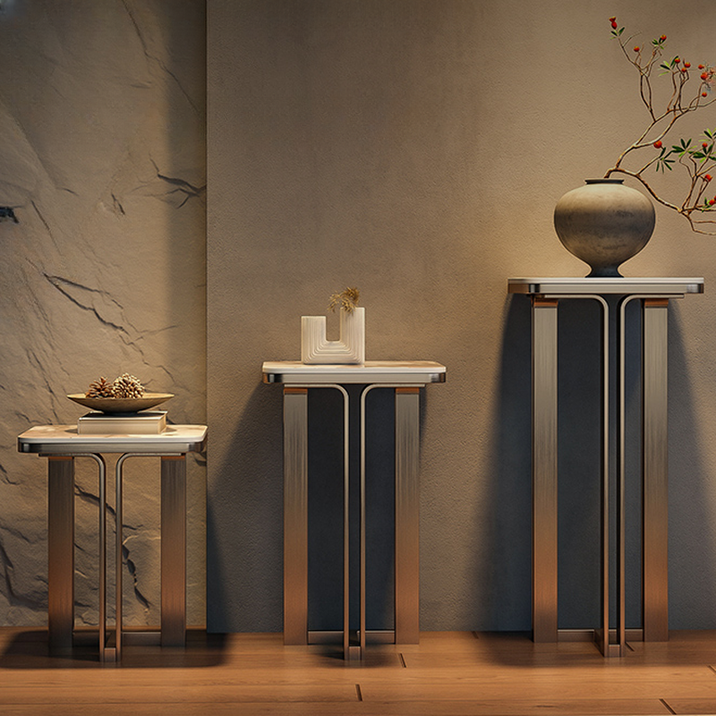 Square Stone Floor Plant Table with Metal Base in a Modern Style