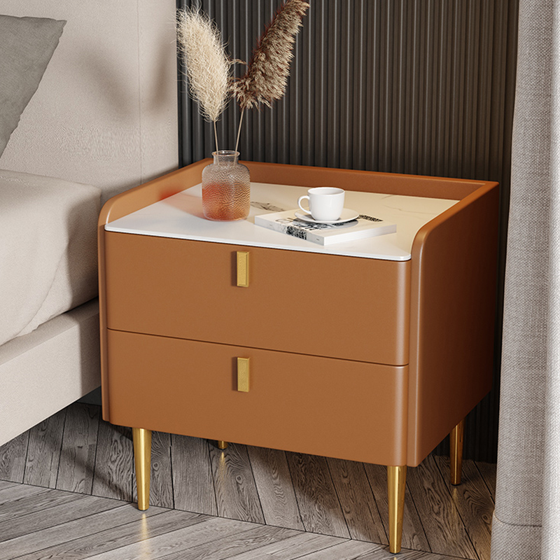 Art Deco Drawer Storage Nightstand with 2 Drawers, Stone Countertop, and Leg