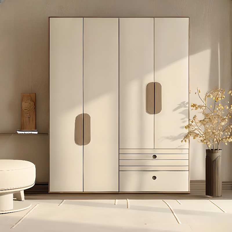 Tan Modern Timber Cabinet Armoire with Soft Close Drawer, Soft Close Door, Interior Shelves, and Clothing Rod