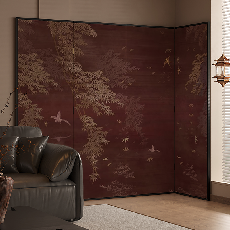 Ink/Auburn Contemporary Opaque Collapsible Pine Wood Wall Partition with Double Sided Print