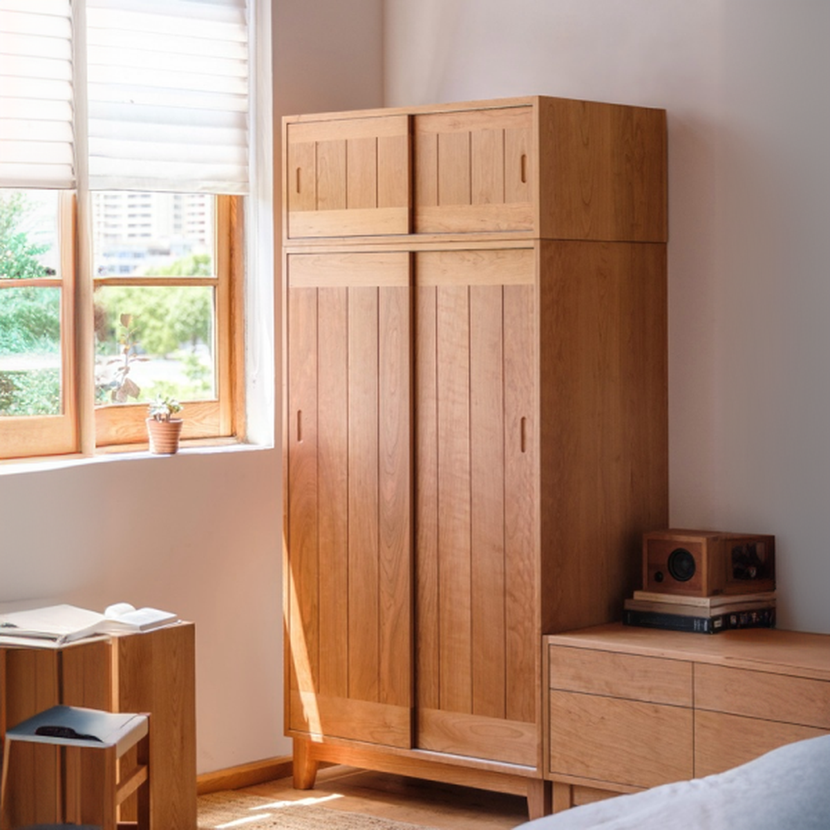 Modern Natural Wood Cabinet Armoire with Interior Shelves and Clothing Rod