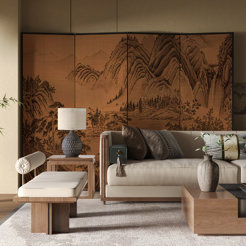 Wall Partition in Ink/Auburn Contemporary Style with Opaque Light Filtration, Collapsible Pine Wood Frame, Double Sided Print