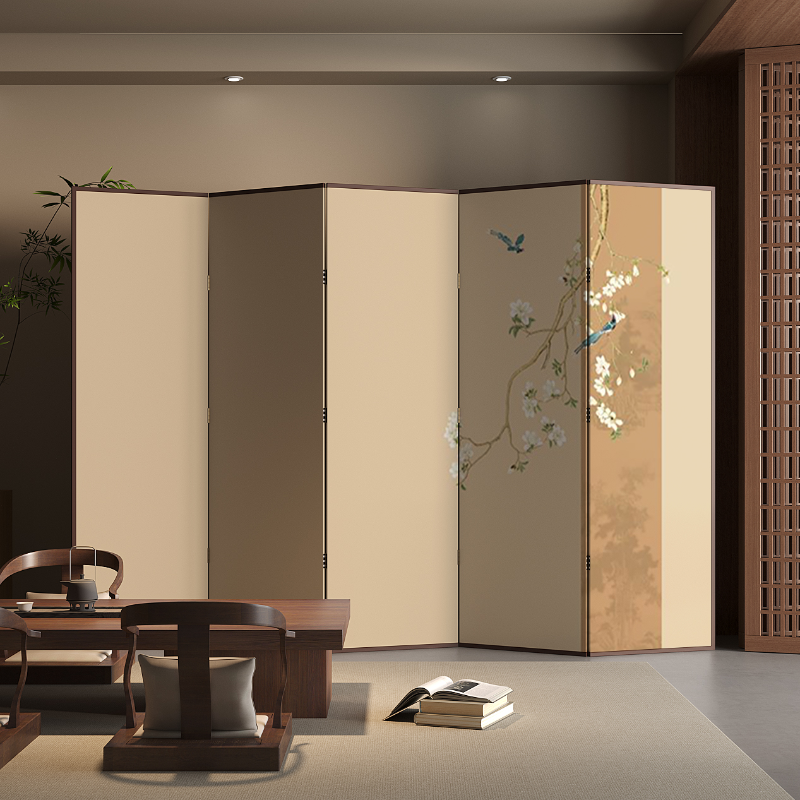 Ink/Tan Contemporary Indoor Opaque Collapsible Pine Wood Wall Partition