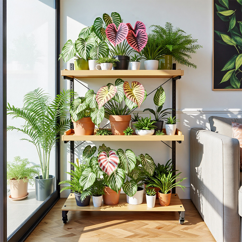 Natural Finish Rectangle Plant Holder with Composite Wood Top and Caster Wheels