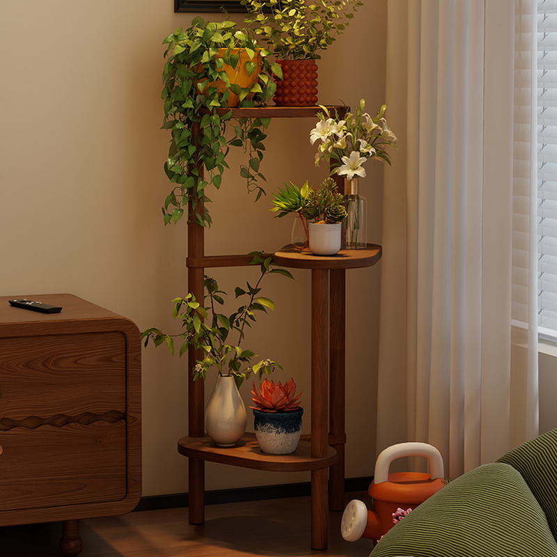 3 Tiers/4 Tiers Rounded/Oval/Trilateral Beech Wood Plant Holder with 1 Piece and 3 Shelves/4 Shelves on Legs