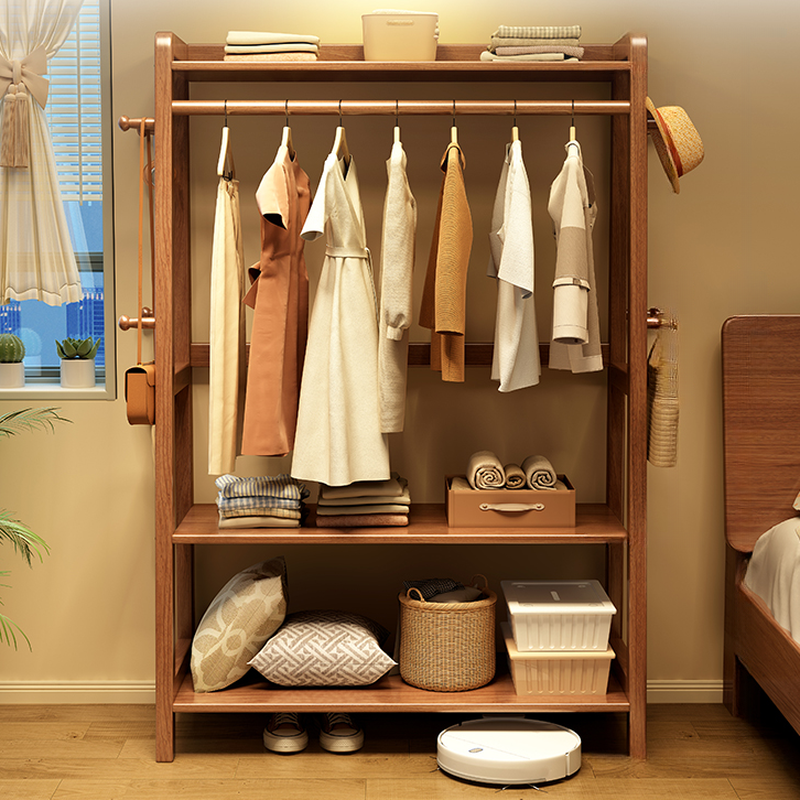 Modern Free Standing Coat Tree with Repository, 3 Shelves, Rubberwood Frame, and Wood Hook