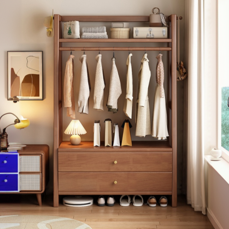 Modern Free Standing Coat Tree with 2 Drawers, 2 Shelves, Rubberwood Frame, Open-air Storage, and Wood Hook