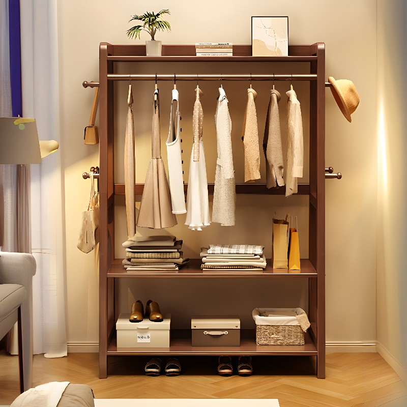 Modern Free Standing Coat Tree with 3 Shelves, Natural Wood Frame, Open-air Storage, and Wood Hook
