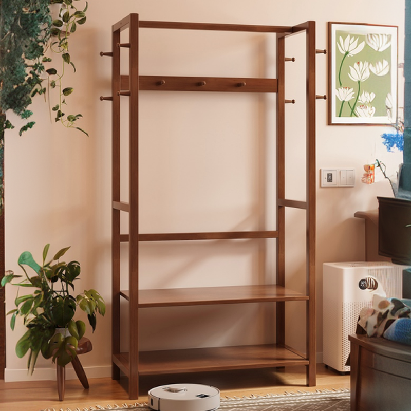 Modern Free Standing Rubberwood Coat Tree with Repository, 2 Shelves, and Wood Hook