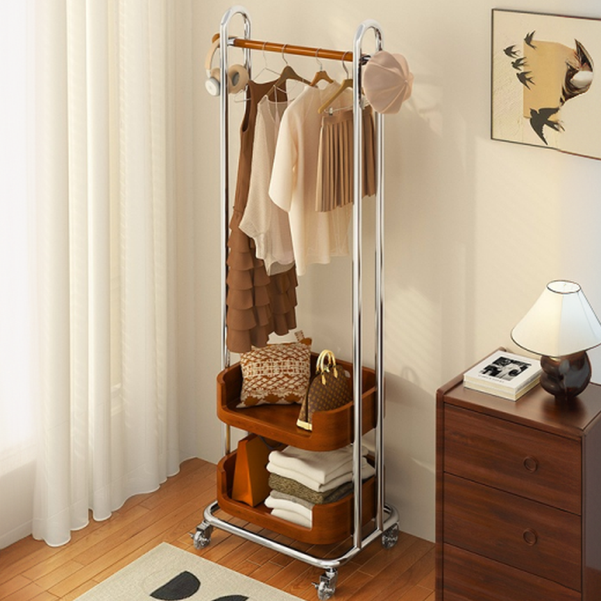 Metallic Modern Free Standing Coat Tree with Repository, 1 Shelf, 1 Basket, and Alloy/Natural Wood Hook