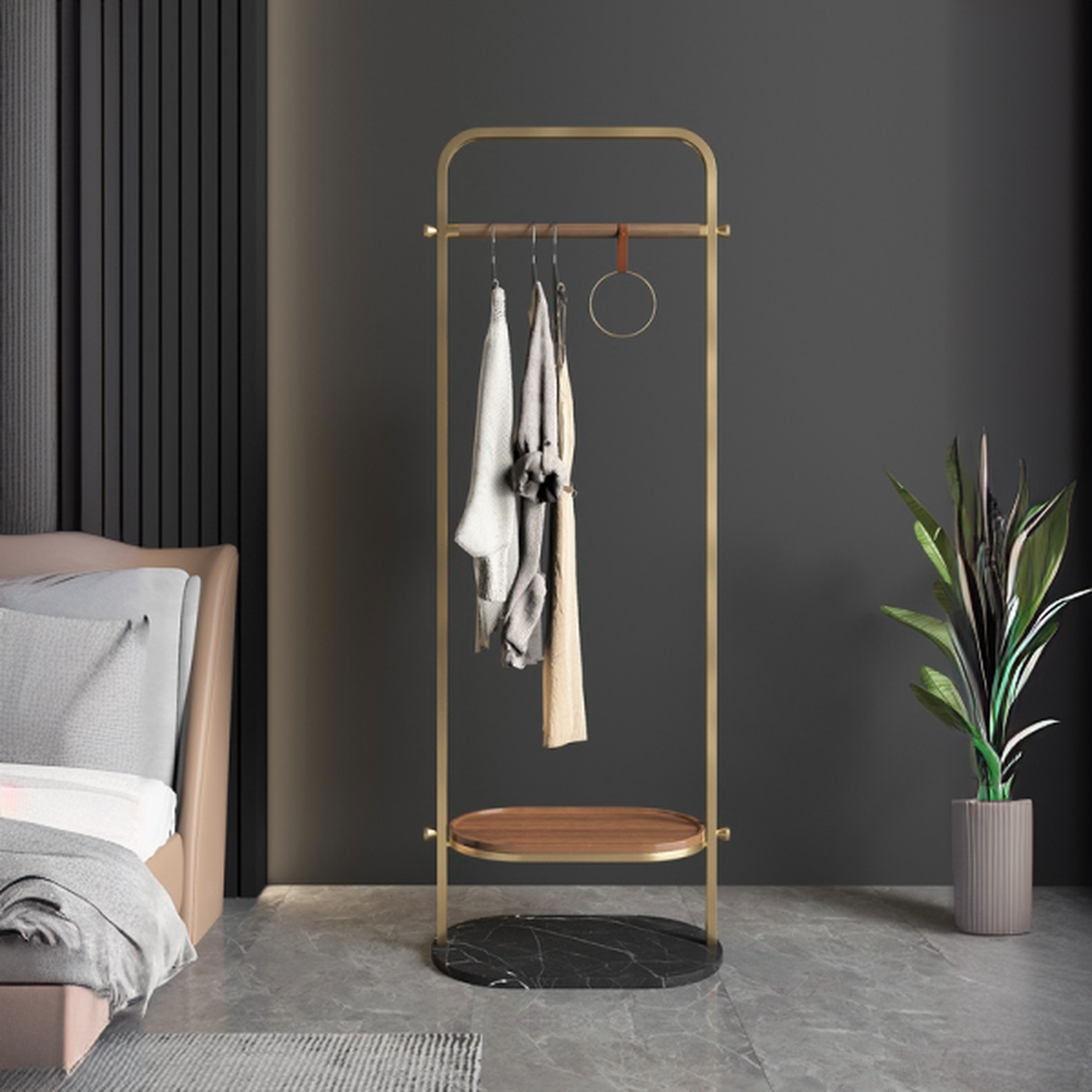 Metallic Modern Free Standing Coat Tree with Repository, 2 Shelves, Alloy Frame, and Alloy Hook