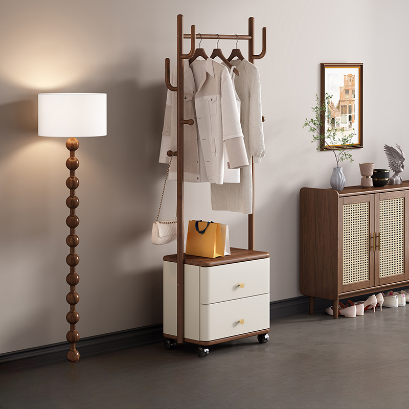 Modern Free Standing Coat Tree with Repository, 2 Drawers, 1 Shelf, Alloy Frame, and Natural Wood Hook