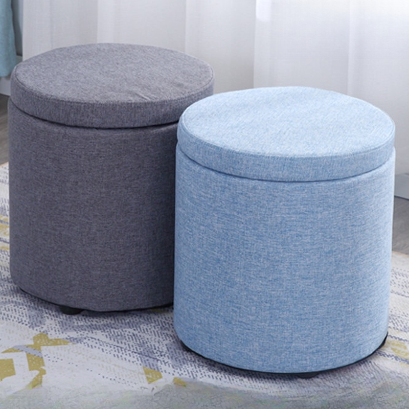 Modern Simple Style Orbicular Solid Colour Storage Ottoman in Magenta/Light Green/Oatmeal with Natural Wood Frame and Lift-Off Lid