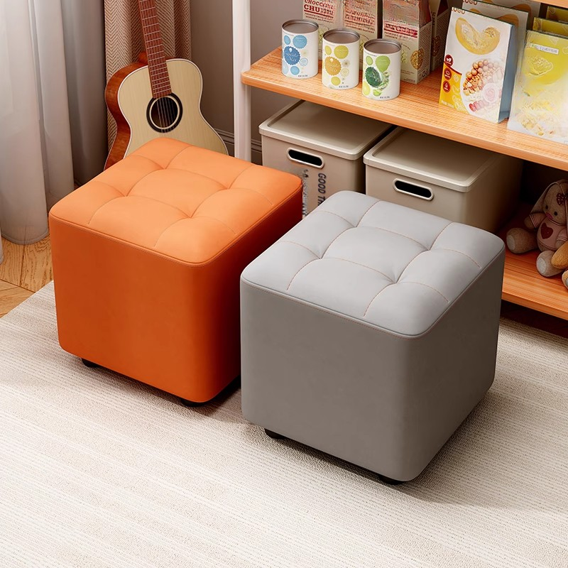 Art Deco Square Solid Colour Standard Ottoman in Leatherette with Gray/Dark Blue/Ivory Upholstery and Button-tufted Design