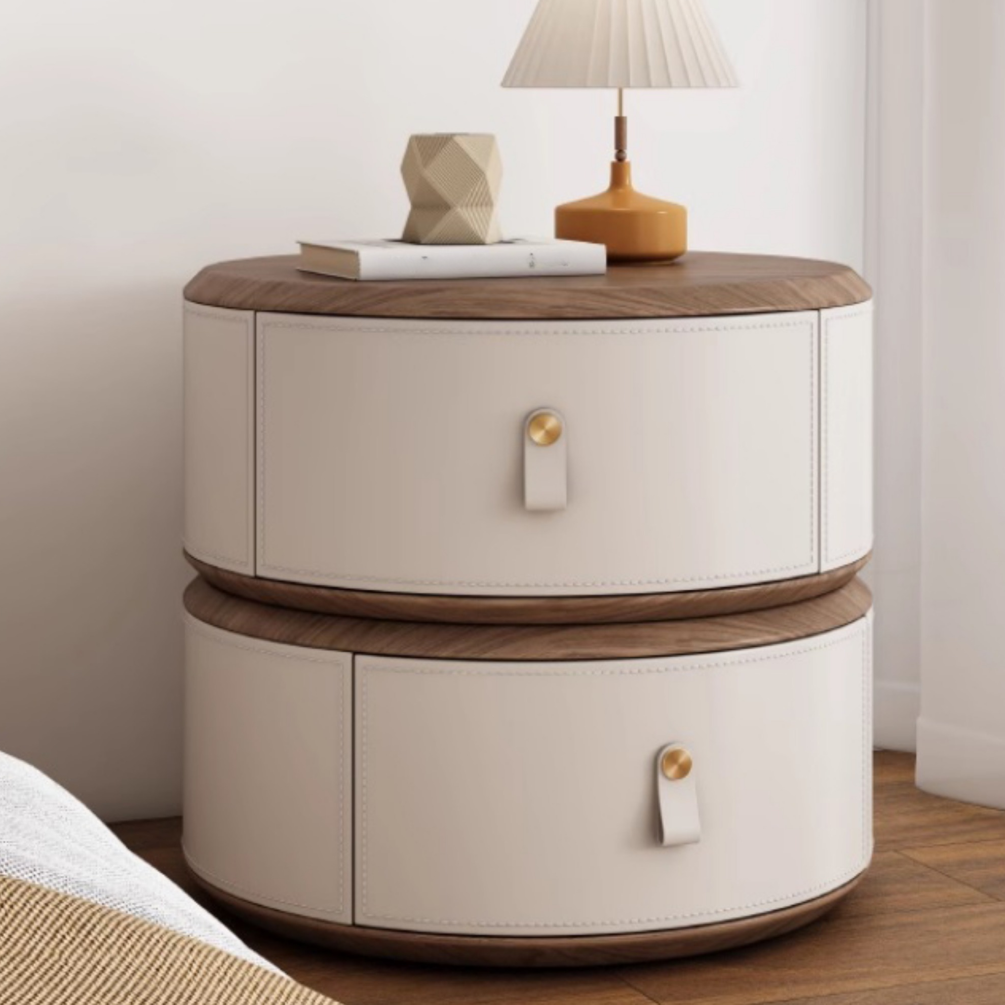 Organic Modern 2 Tiers Swivel Nightstand With Drawer Organization and Pleather Countertop