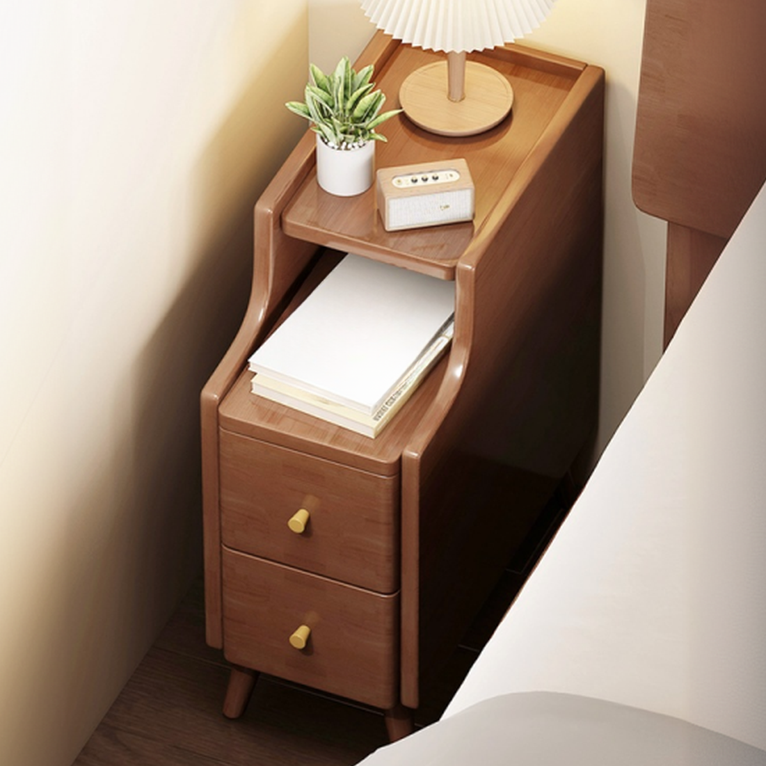 Art Deco Open Nightstand with 2 Drawers and 1 Shelf, Composite Wood Countertop, and Leg