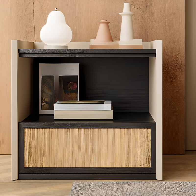 Art Deco Open Nightstand with 1 Drawer and Burl Wood Countertop