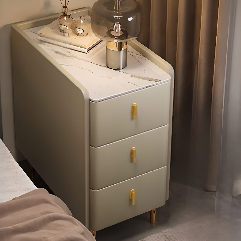 Art Deco Nightstand With Drawer Storage Featuring 3 Drawers, Stone Countertop, and Leg