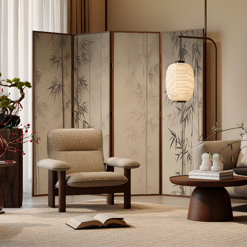 Auburn Room Divider for Indoor Use with Opaque Light Filtration, Foldable Pine Wood Frame, and Double Sided Print