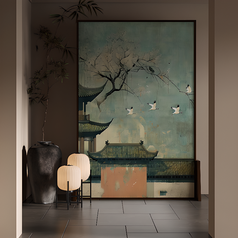 Tan Indoor Opaque Single Panel Room Divider with Pine Wood Frame and Double Sided Print