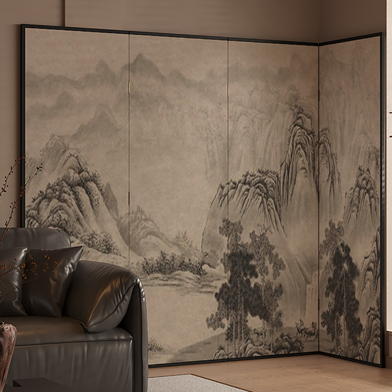 Beige Indoor Opaque Foldable Room Divider with Walnut Wood Frame and Double Sided Print