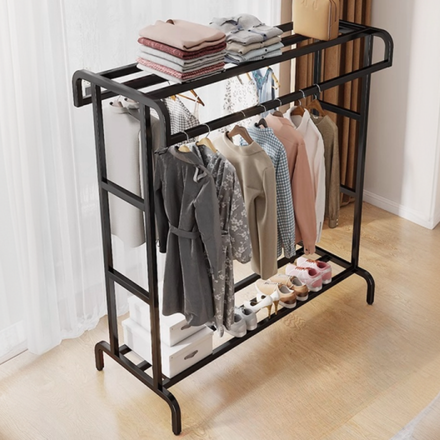 Trendy Free Standing Coat Tree with 2 Shelves, Steel Frame, and Visible Storage