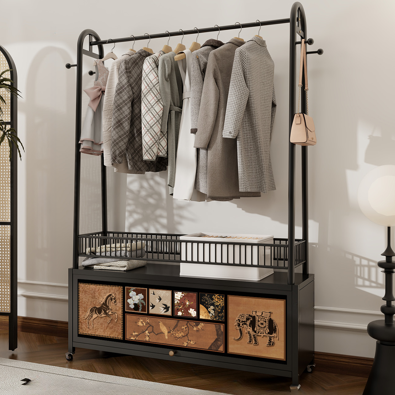 Hall Tree with Cabinet and Uncovered Storage in a Contemporary Style