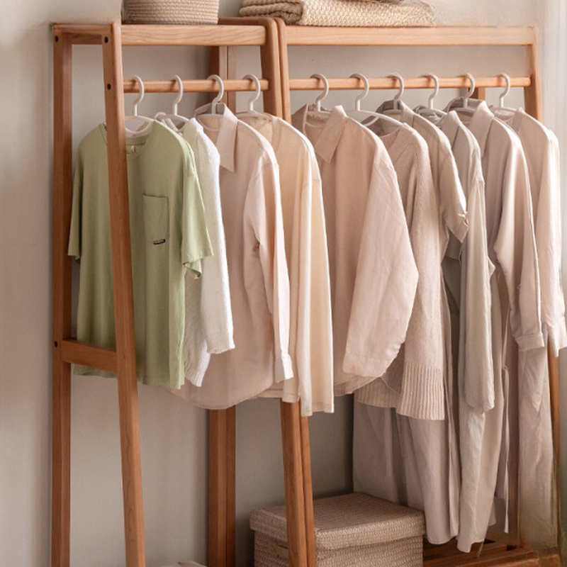 Wood Grain Modish Free Standing Hall Rack with 1 Shelf, Natural Wood Frame, and Unenclosed Storage