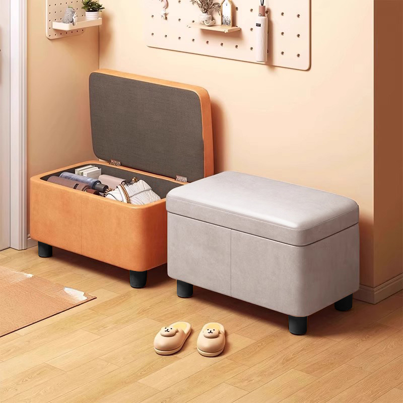 Simple Rectangle/Square Solid Colour Storage Ottoman in Light Gray/Light Blue/Cream with Stockroom and Natural Wood Frame