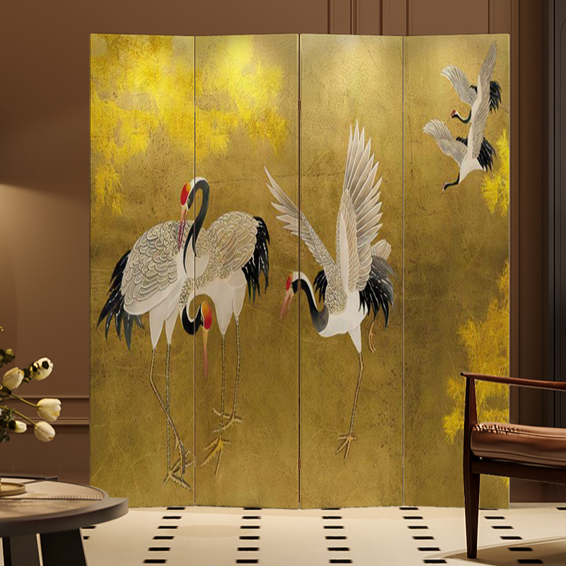 Antique Brass Luxurious Opaque Folding Wall Dividers with Natural Wood Frame, 5/3/4 Panels, and Double Sided Print