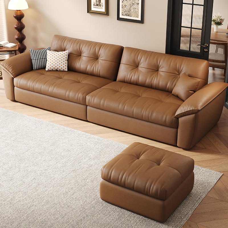 Simple Rectangle/Square Solid Colour Standard Ottoman in Synthetic Leather with Brown Button-tufted Upholstery