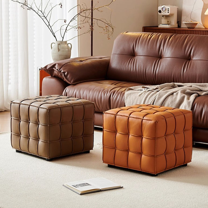 Simple Square Solid Colour Standard Ottoman in Genuine Leather with Midnight Black/Dove Grey/Light Brown Button-tufted Upholstery