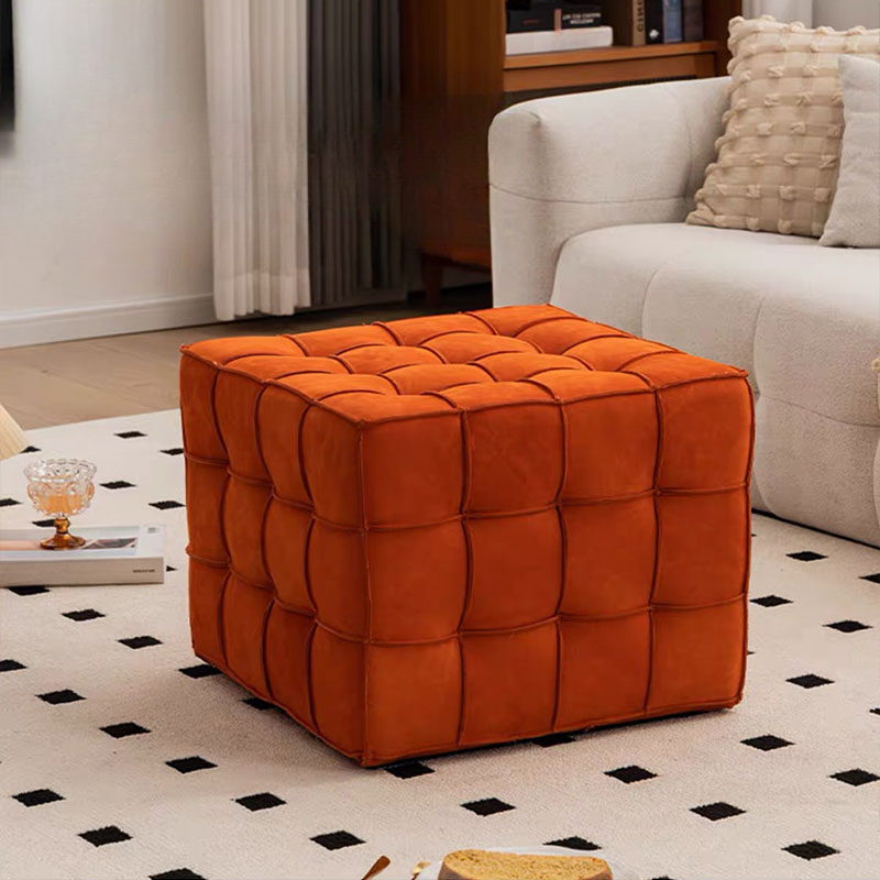 Simple Square Solid Colour Standard Ottoman in Genuine Leather with Lemon Colour/Light Brown/Apricot Colour and Button-tufted Design