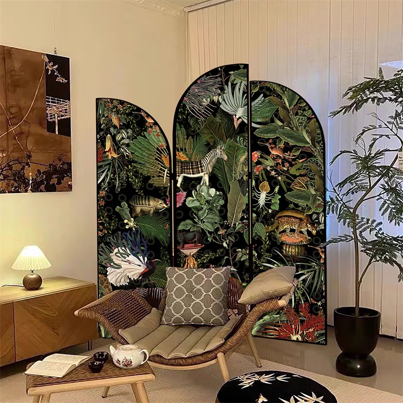Modern Indoor Opaque Folding Wall Dividers with Natural Wood Frame, 3 Panels, and Double Sided Print