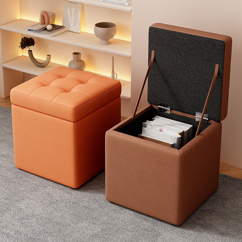 Simple Square Solid Colour Storage Ottoman in Synthetic Leather with Dove Grey/Olive Green/Brown Upholstery, Stockroom Storage, and Button-tufted Design