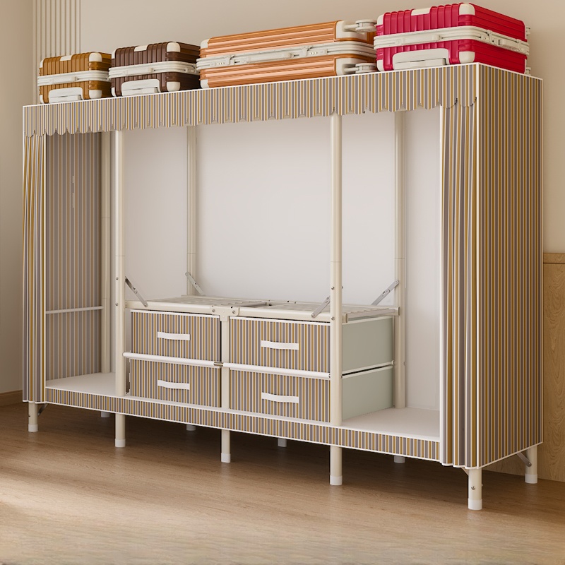 Modern Alloy Standalone Cabinet Armoire with 4 Drawers, Interior Shelves, and Clothing Rod