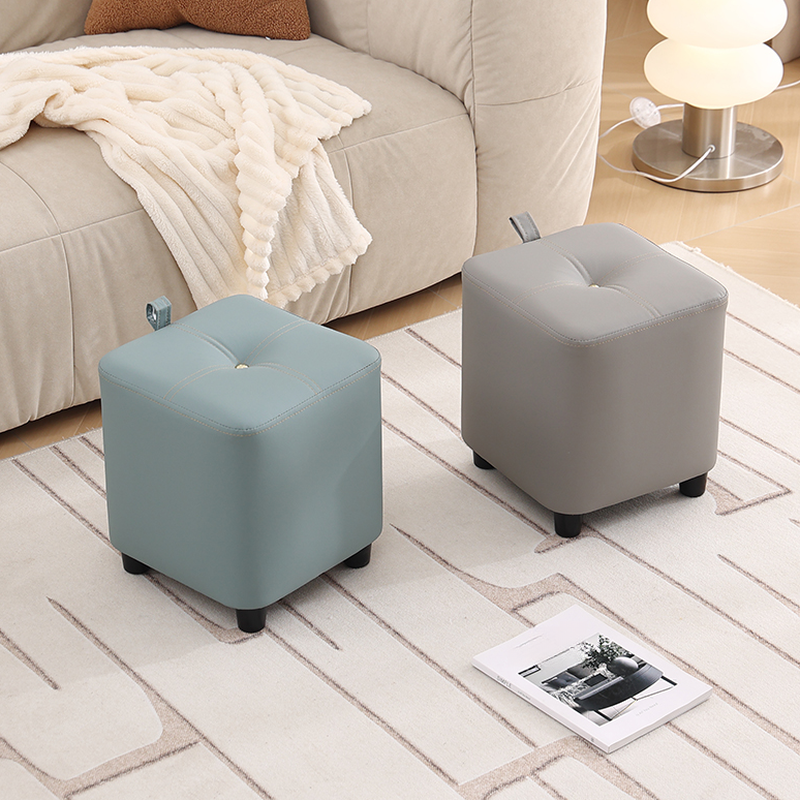 Simple Square Solid Colour Standard Ottoman with Synthetic Leather Upholstery in Light Green/Light Brown/Cream and Button-tufted Design