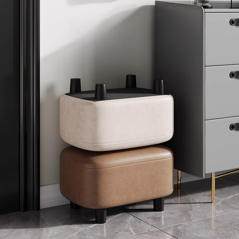 Simple Rectangle Solid Colour Footstool with Synthetic Leather Upholstery in Midnight Black/Olive Green/Apricot Colour