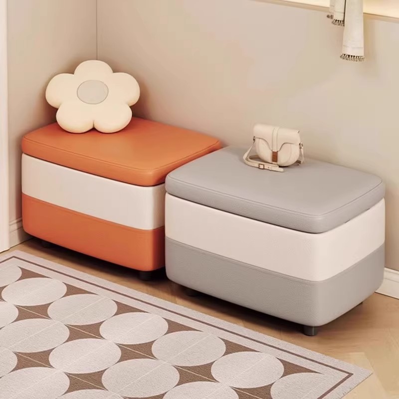 Simple Rectangle Solid Colour Storage Ottoman in Light Gray/Chalk/Light Blue with Stockroom and Timber Frame