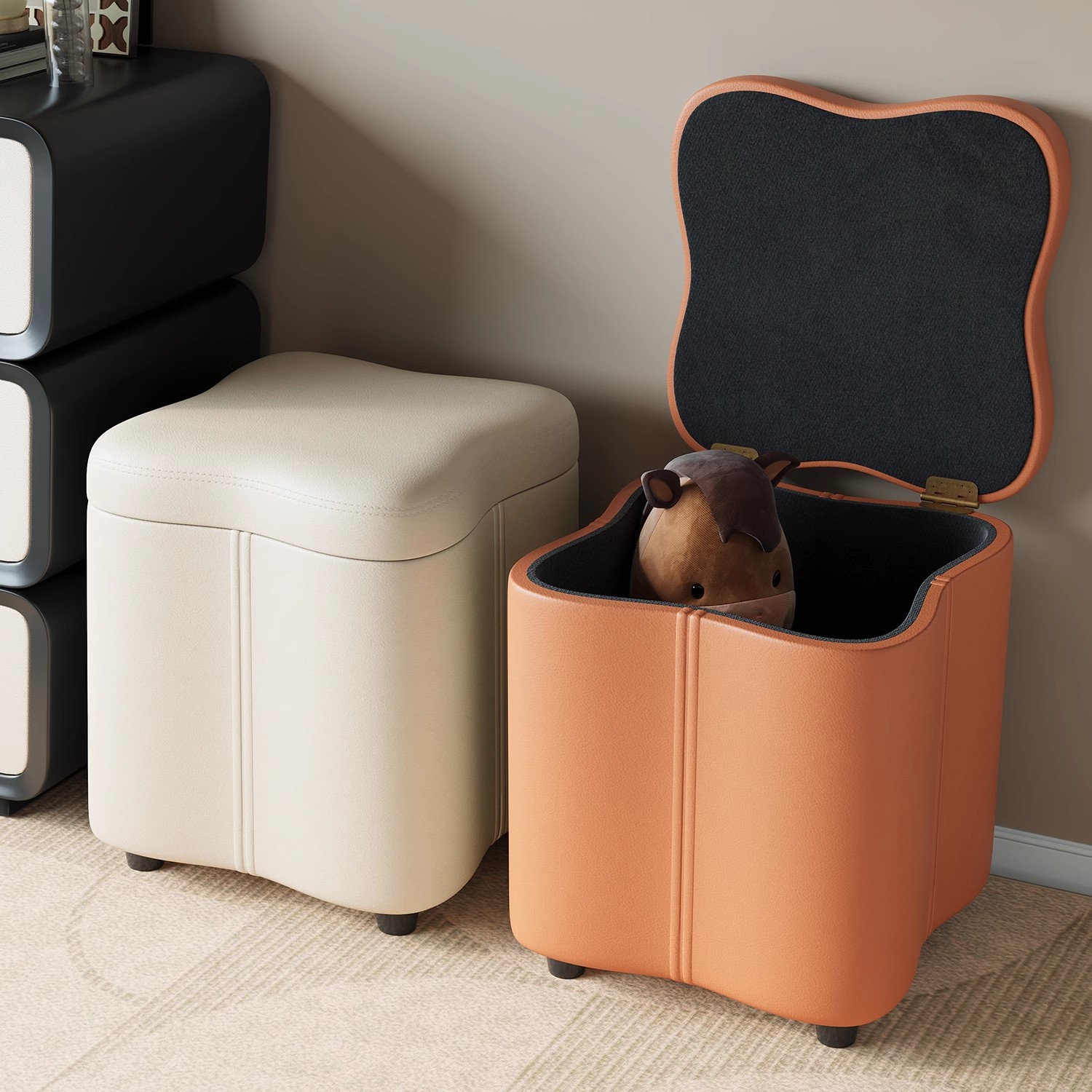 Simple Unique Shape Storage Ottoman with Flower/Solid Colour/Abstract Pattern in Slate Blue/Light Green/Multiple Colours, Featuring Stockroom Storage and Natural Wood Frame